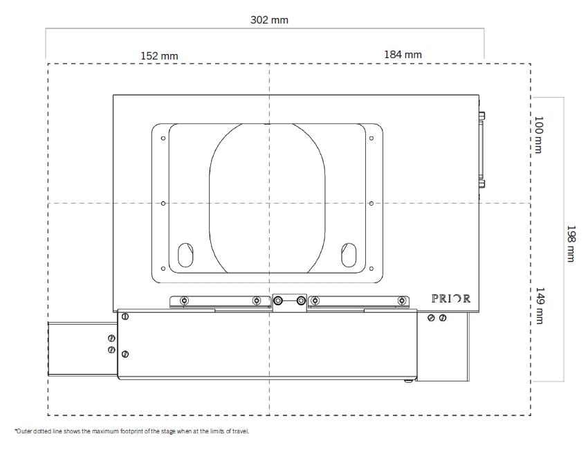 Prior H100A Motorized Stage top-view dimensions 產品尺寸對照圖